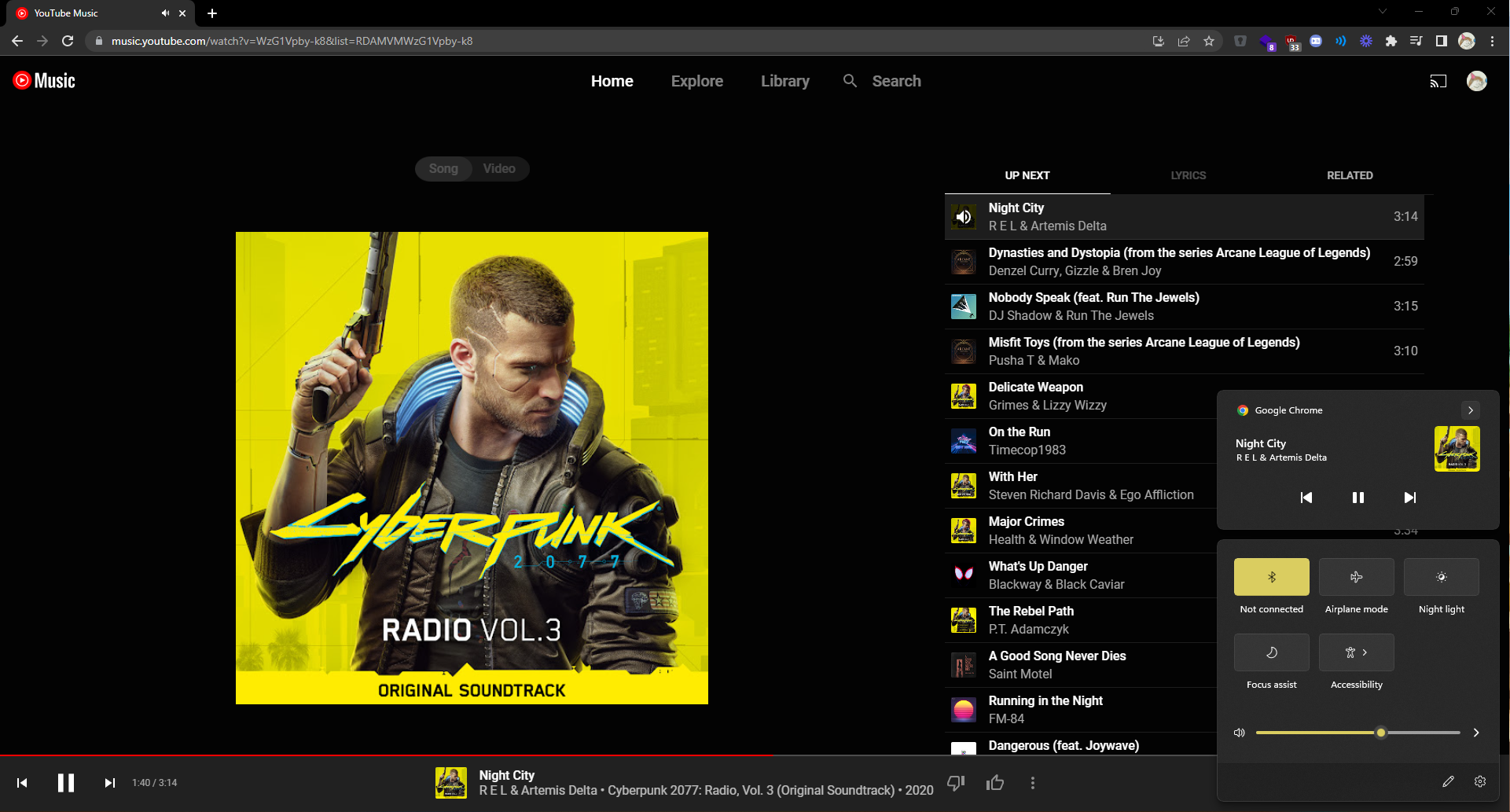 Accessing controls and information for YouTube Music via the Window's Taskbar.